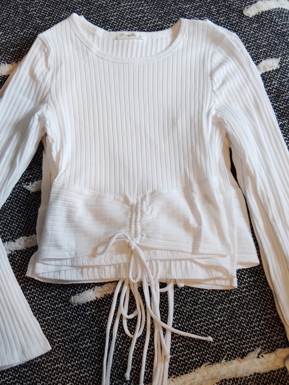 Timing White Ribbed Long-Sleeve Drawstring Top M NWT